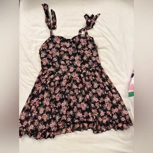 Tie strap black floral mini dress for spring and summer